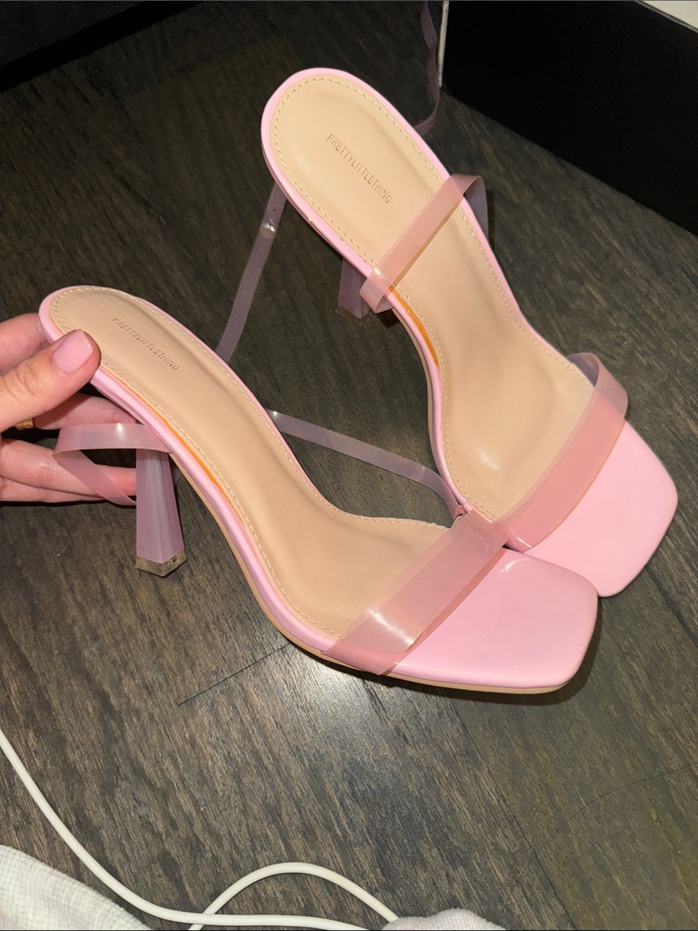 PrettyLittleThing Pink Lucite-Strap High Heel Sandals